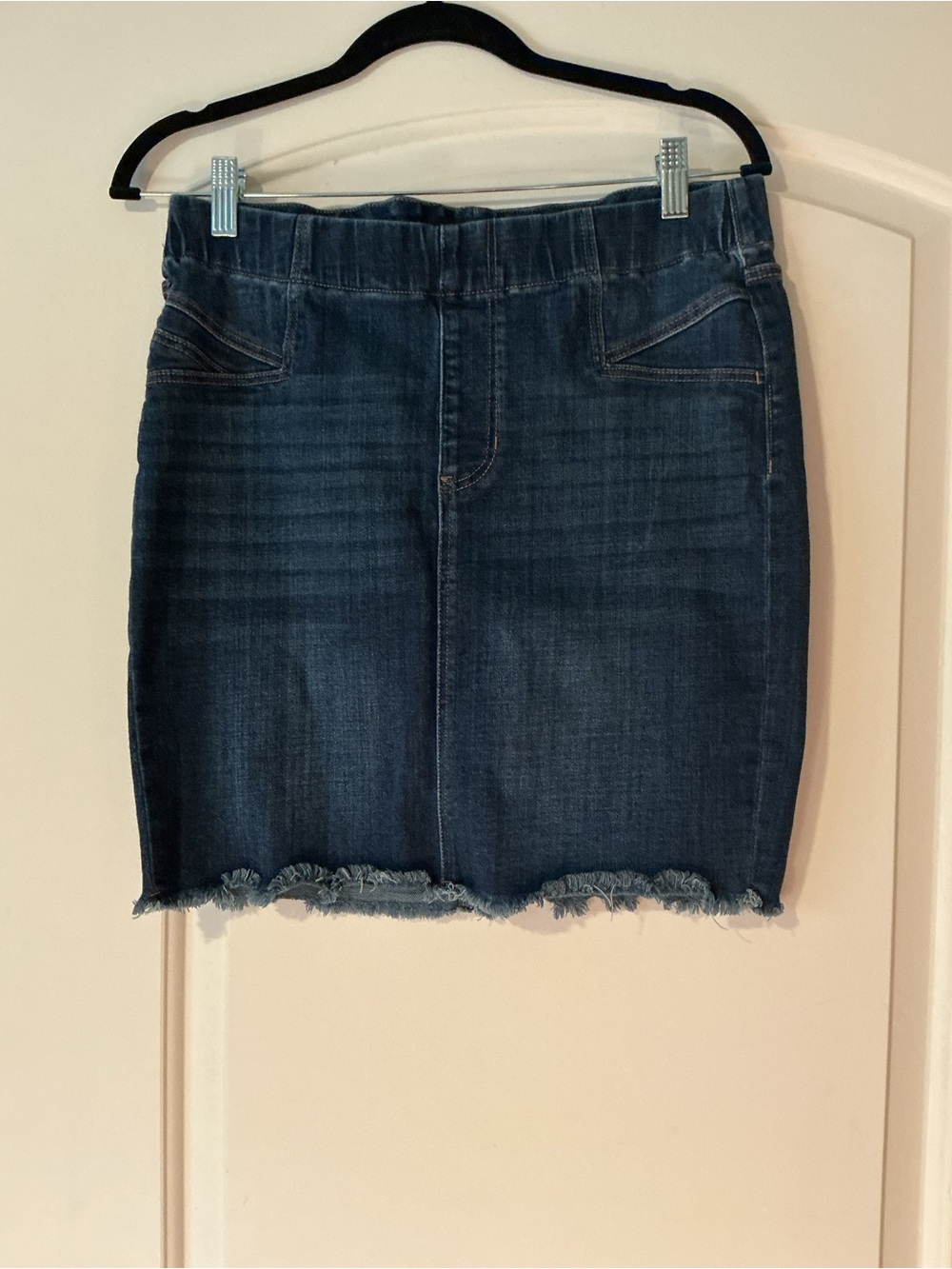 Liverpool Dark Blue Denim Mini Skirt with Frayed Hem
